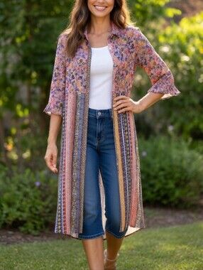 fig and flower Pink Multi Patterned Floral Half Button Boho Long Tunic Size M